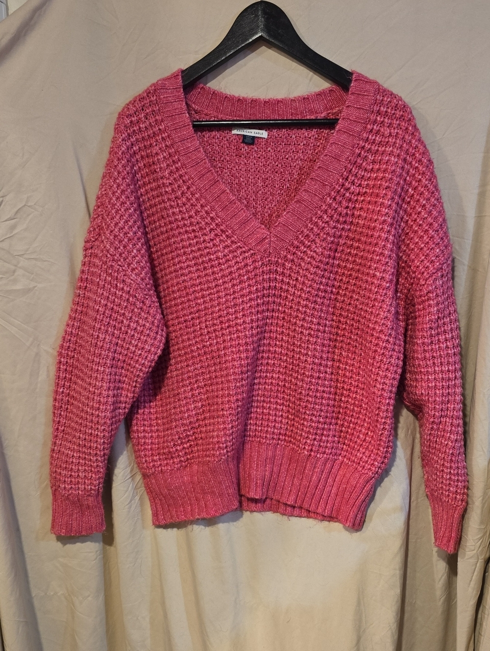 American Eagle Outfitters Raspberry Pink V-Neck Waffle Knit Sweater